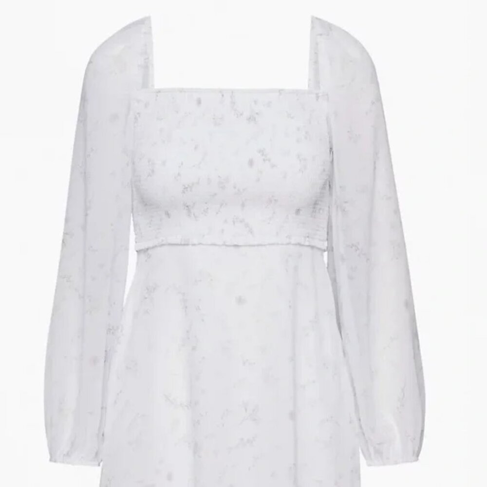Aritzia Wilfred Villa Dress Smocked Chiffon Mini Dress White Birch Floral Size 6